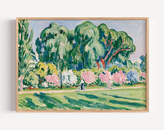 Whimsical Landscape Wall Art Print, Colorful Park Painting, Bicycle Art, Folk Art Landscape, Cottagecore Wall Decor, Nature Print