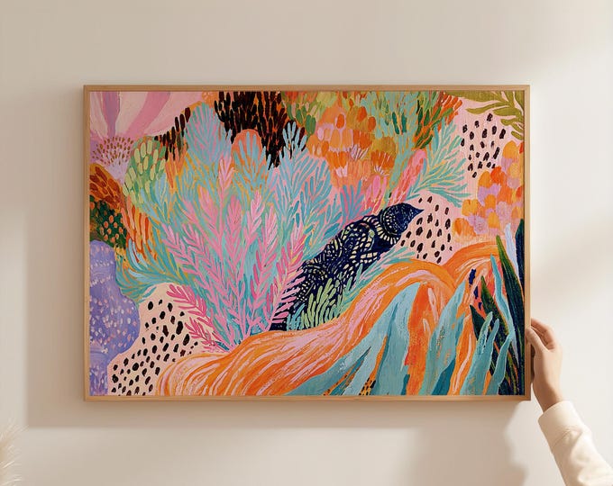 Colorful Abstract Landscape Wall Art Print, Maximalist Eclectic Home Decor, Funky Floral Painting, Vibrant Dopamine Artwork, Boho Arts