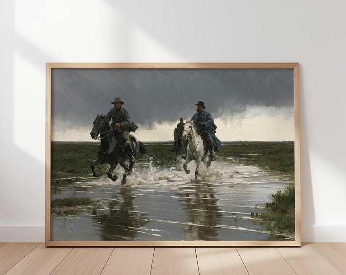 Western Cowboy Wall Art Print, Horseback Riding Canvas, Wild West Landscape Painting, Ranch Decor, Rustic Cowboy Artwork, Western Art
