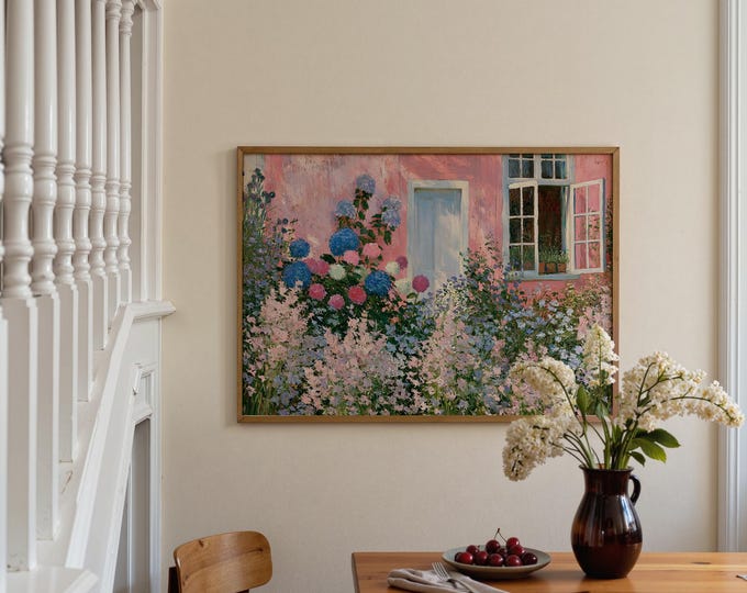 Pink House Wall Art Print, Hydrangea Flower Garden Painting, Cottage Garden Wall Decor, Impressionist Floral Canvas Art