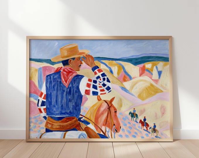 Western Cowboy Wall Art Print, Horse Painting, Southwestern Art, Colorful Desert Landscape, Ranch Decor, Cowboy Art, Western Home Decor
