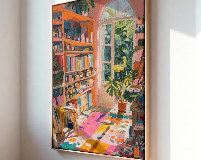 Impressionist Bookshelf Art, Textured Impasto Print, Sunlit Room with Plant Canvas, Colorful Eclectic Decor, Cozy Interior Wall Art