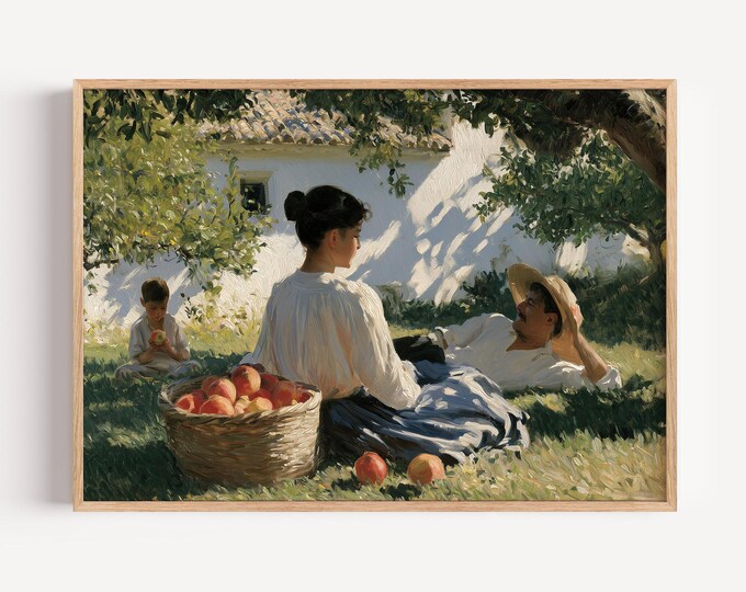 Summer Family Wall Art Print, Vintage Garden Painting, Impressionist Family Art, Countryside Wall Decor, Orchard Picnic Art, Cottage Decor
