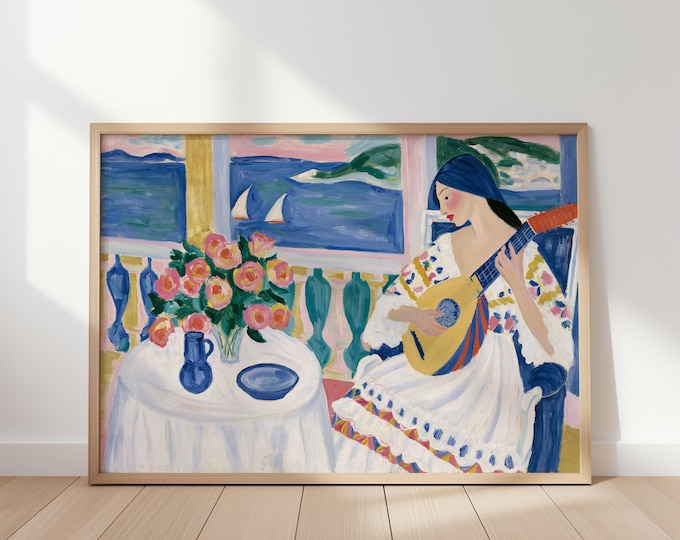 Woman Playing Guitar Wall Art, Mediterranean Coastal Print, Colorful Folk Art, Seaside Woman Painting, Vintage Inspired Decor