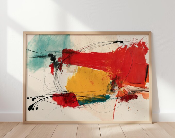 Abstract Wall Art Print, Red Yellow Abstract Painting, Modern Expressionist Art, Contemporary Wall Decor, Mid Century Modern Art