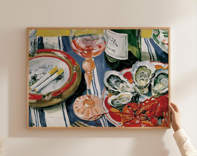 Lobster Oyster Oil Painting Print, Wine Glass Bottle Wall Art Print, Preppy Bar Cart Decor, Coastal Kitchen Art, Seafood Dining