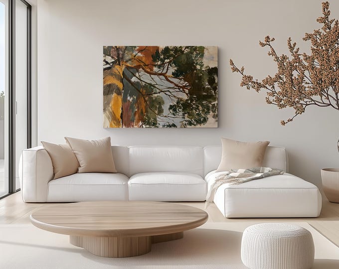 Pine Branch Study Wall Art Print, Coastal Cliffs And Forest Limbs, Ochre Greens With Muted Earth Tones, Textured Abstract Landscape