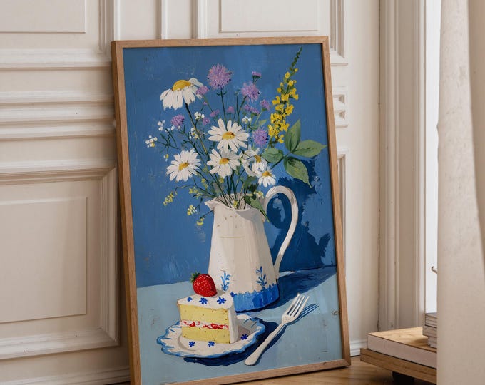 Strawberry Cake & Daisies Oil Painting Print, Blue Floral Still Life Wall Art, French Country Cottagecore Decor, Framed Canvas