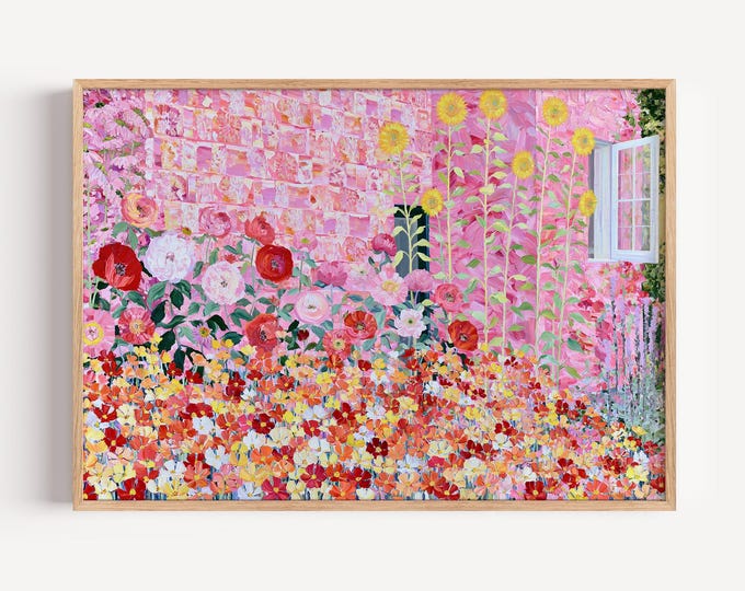 Pink House Wall Art Print, Hydrangea Flower Garden Painting, Cottage Garden Wall Decor, Impressionist Floral Canvas Art