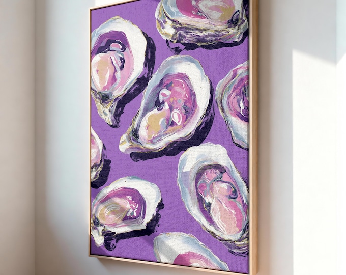 Purple Oyster Shell Wall Art Print, Pink Impasto Seafood Framed Wall Art, Preppy Coastal Canvas Decor, Colorful Dopamine Kitchen Painting