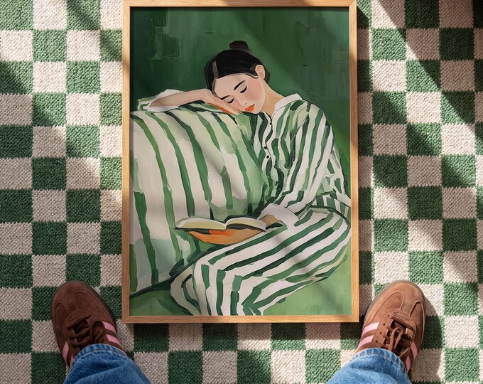 Green Oil Painting Print, Woman Reading Art, Vintage Style Wall Art, Cozy Aesthetic Canvas, Bedroom Decor, Soft Feminine Wall Decor