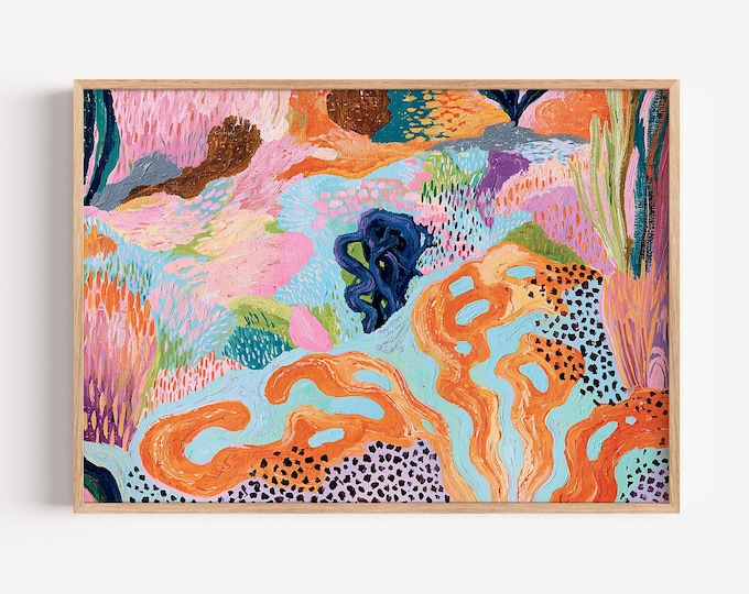 Colorful Abstract Landscape Wall Art Print, Maximalist Eclectic Home Decor, Funky Floral Painting, Vibrant Dopamine Artwork, Boho Arts