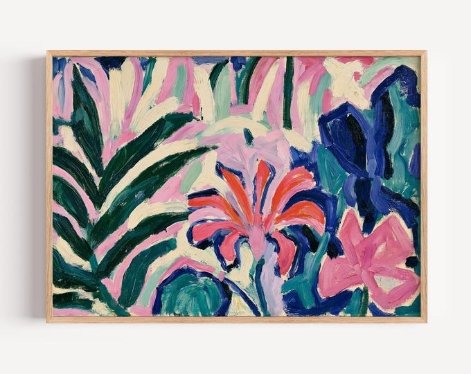 Colorful Abstract Floral Wall Art Print, Pink Green Blue Botanical Painting, Modern Flower Canvas Art, Large Living Room Decor