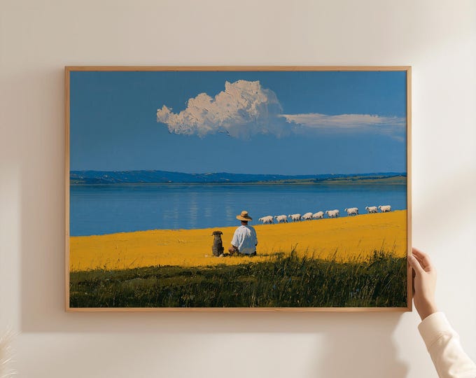 Pastoral Landscape Wall Art Print, Shepherd and Sheep Painting, Dog Countryside Art, Blue Lake Canvas, Farmhouse Country Wall Decor