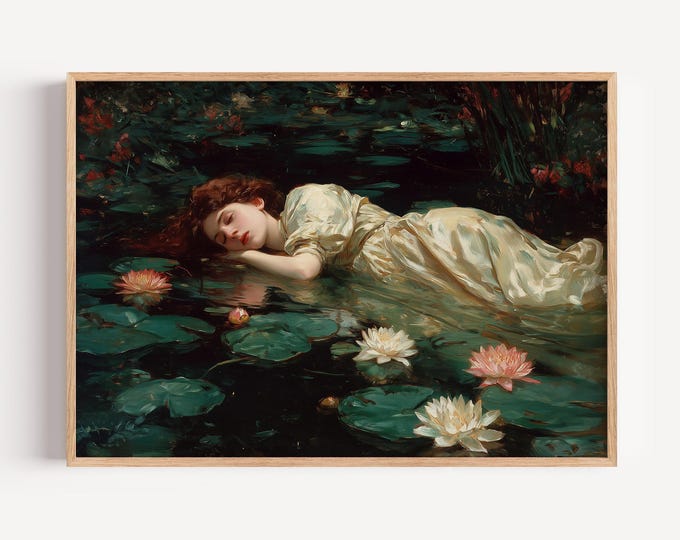 Woman Floating in Water Lily Pond Oil Painting Wall Art, Ophelia Inspired Dark Academia Print, Ethereal Floral Art, Moody Romantic Decor