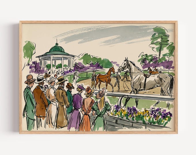 Horse Racing Wall Art Print, Kentucky Derby Equestrian Artwork, Vintage Racecourse Illustration, Derby Day Decor, Sporting Canvas