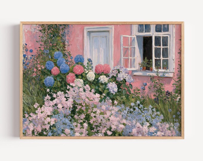 Pink House Wall Art Print, Hydrangea Flower Garden Painting, Cottage Garden Wall Decor, Impressionist Floral Canvas Art