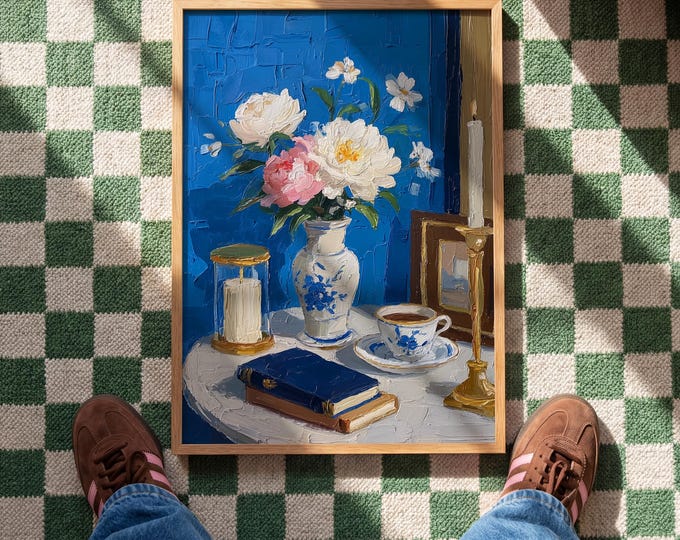 Chinoiserie Floral Still Life Oil Painting Print, Blue and White Vase Wall Art, Grandmillennial Preppy Decor, Framed Canvas