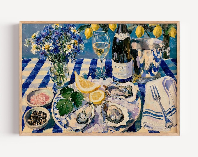 French Oyster Wall Art Print, Coastal Kitchen Decor, Blue Check Table Painting, Seafood Canvas Art, Coastal Dining Room Wall Decor
