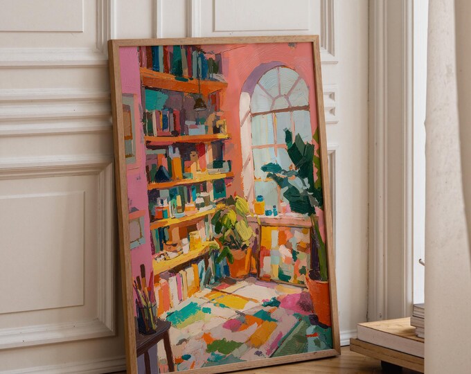 Impressionist Bookshelf Art, Textured Impasto Print, Sunlit Room with Plant Canvas, Colorful Eclectic Decor, Cozy Interior Wall Art