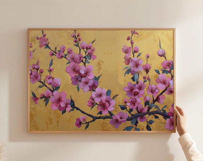 Cherry Blossom Print, Gold Leaf Floral Painting, Pink Flower Wall Art, Chinoiserie Decor, Japanese Blossom Poster, Textured Impasto Art