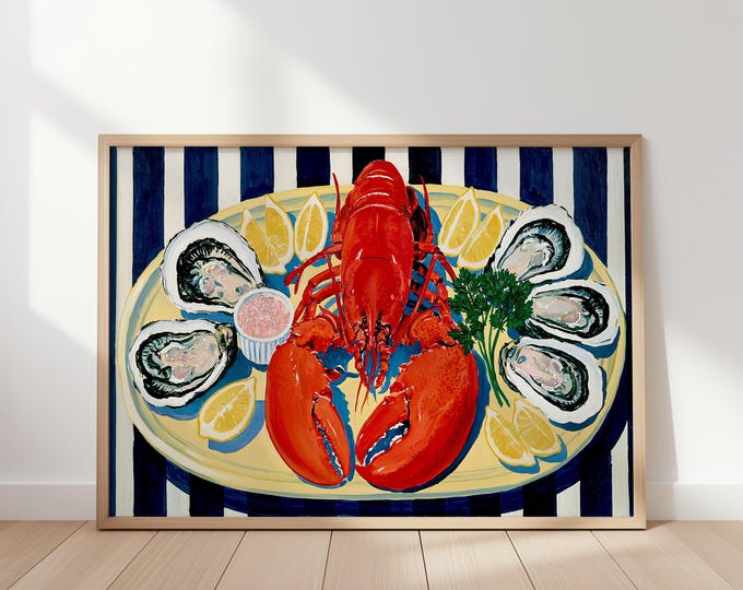 Lobster Wall Art Print, Coastal Kitchen Decor, Oyster Seafood Painting, Blue White Stripe Nautical Wall Art, French Bistro Canvas
