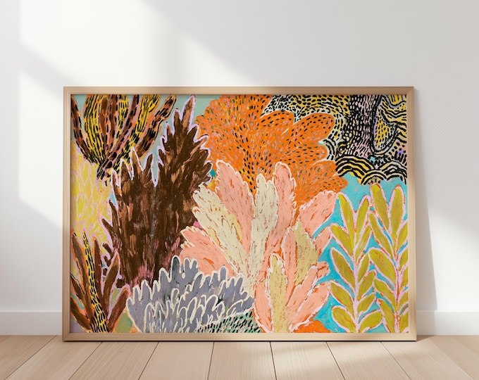 Colorful Abstract Botanical Wall Art Print, Maximalist Eclectic Decor, Vibrant Tropical Jungle Painting, Leopard Print Contemporary Art
