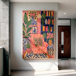Maximalist Pink Room Oil Painting Print, Colorful Interior Wall Art, Eclectic Preppy Decor, Cozy Reading Nook Framed Canvas image 1
