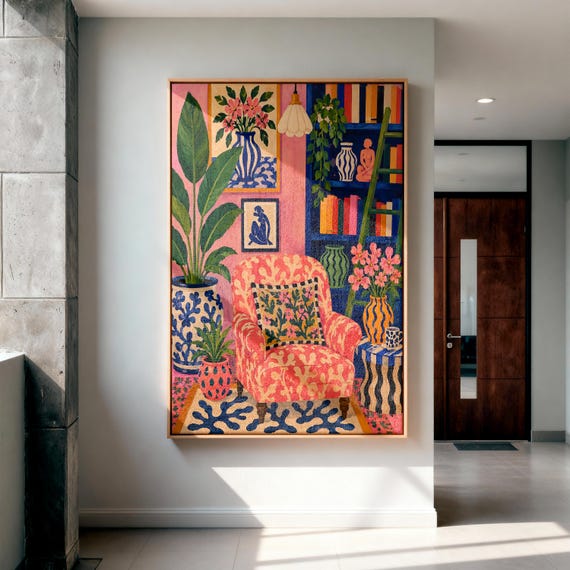 Maximalist Pink Room Oil Painting Print, Colorful Interior Wall Art, Eclectic Preppy Decor, Cozy Reading Nook Framed Canvas
