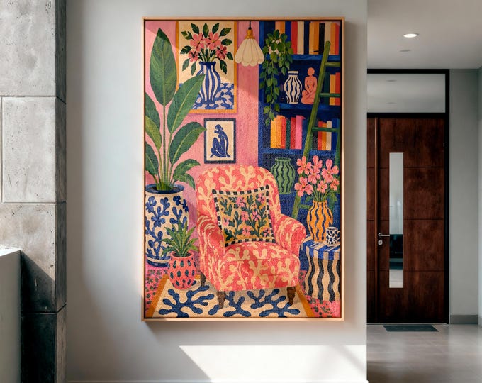 Maximalist Pink Room Oil Painting Print, Colorful Interior Wall Art, Eclectic Preppy Decor, Cozy Reading Nook Framed Canvas