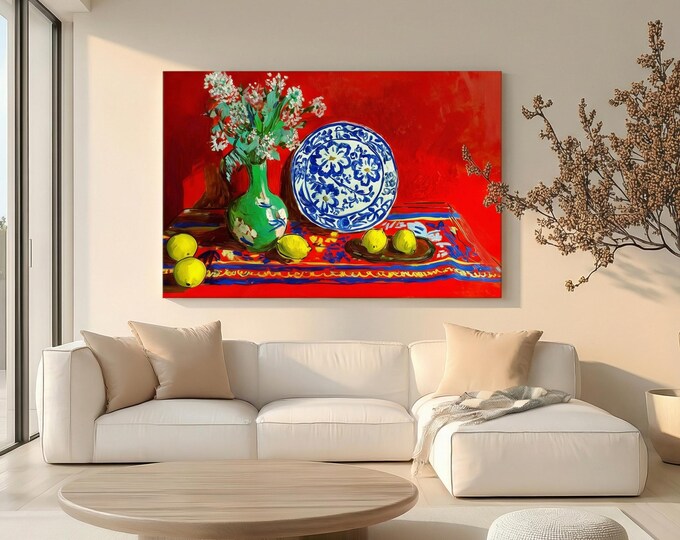 Vibrant Fauvism Still Life Art Print, Red Background, Blue & White Plate, Lemons, Green Vase, Colorful Wall Decor, Home Art Print