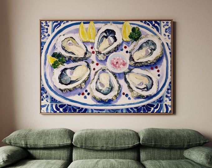 Blue White Oyster Wall Art Print, Coastal Kitchen Decor, French Seafood Painting, Mediterranean Dining Room Art, Oyster Oil Canvas