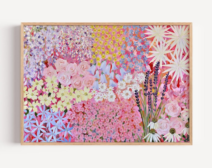 Colorful Floral Wall Art Print, Pastel Flower Garden Painting, Pink Botanical Art, Maximalist Wall Decor, Cottagecore Floral Print