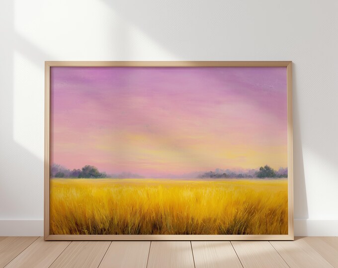 Pastel Sunset Landscape Print, Pink and Purple Sky Art, Golden Wheat Field Painting, Serene Meadow Poster, Calming Nature Wall Decor