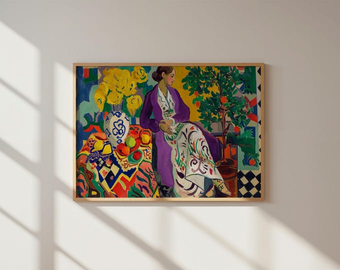 Matisse-Inspired Art Print, Woman in Purple Coat, Yellow Flowers & Oranges, Fauvism Painting, Colorful Wall Decor, Home Art Print