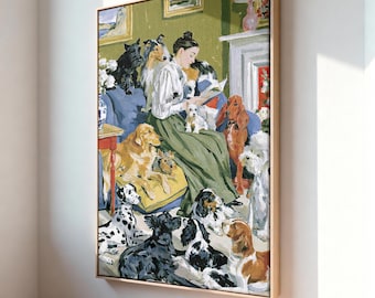 Può includere: Una stampa artistica incorniciata che raffigura una persona con camicetta bianca e gonna verde seduta su un divano blu, intenta a leggere un libro circondata da un folto gruppo di cani di varie razze, tra cui un dalmata, un golden retriever e spaniel.
