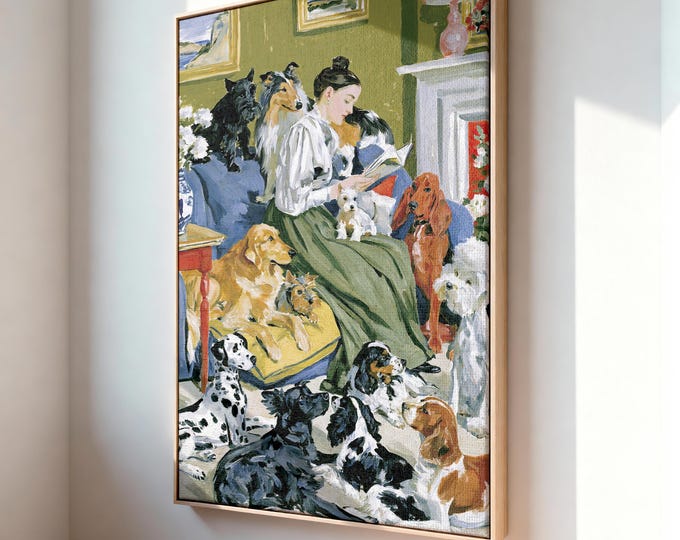 Woman Reading with Dogs Wall Art Print, Cozy parlor with many dog breeds, Serene reader on sofa surrounded by pups, Charming pet lover deco
