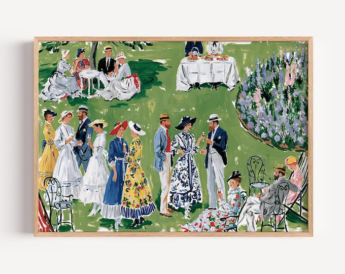 Garden Party Wall Art Print, Vintage Impressionist Picnic Painting, Old Money Decor, English Garden Canvas, Country Club Wall Art