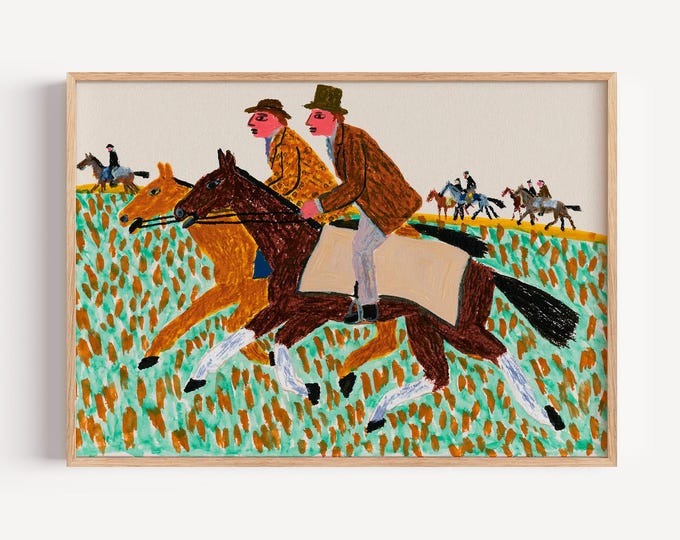 Horse Racing Wall Art Print, Equestrian Painting, Jockey Horse Race Art, Colorful Folk Art, Vintage Horse Decor, Country Farmhouse Wall Art