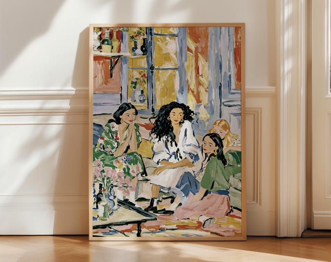 Women Reading Wall Art Print, Female Friendship Painting, Colorful Feminine Art Print, Book Lover Decor, Girls Reading Wall Art
