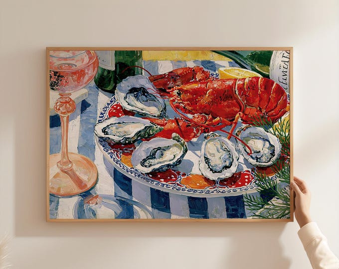 Lobster Oyster Oil Painting Print, Wine Glass Bottle Wall Art Print, Preppy Bar Cart Decor, Coastal Kitchen Art, Seafood Dining