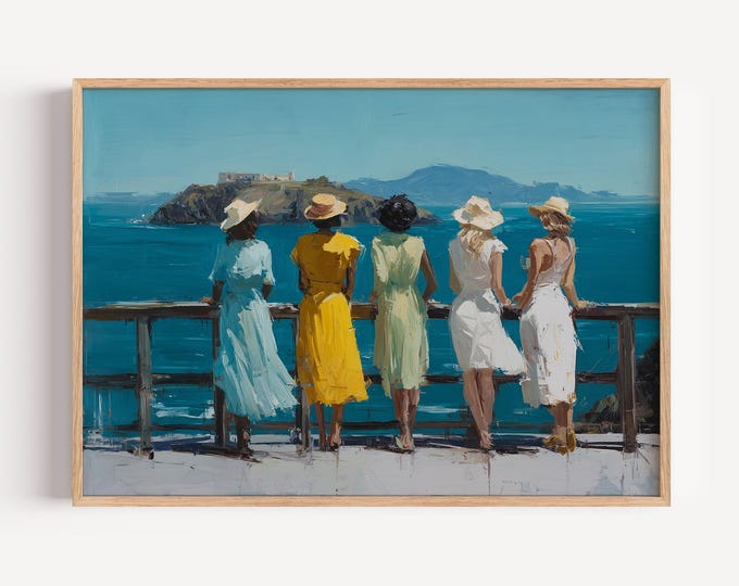 Vintage Coastal Impressionist Wall Art Print, Women by the Sea Framed Wall Art, Ocean View Canvas Decor, Sisterhood Beach Painting