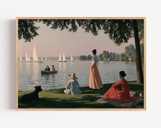 Vintage Lakeside Park Wall Art Print, Pointillism Landscape Painting, Summer Lake Canvas, Impressionist Nature Wall Decor