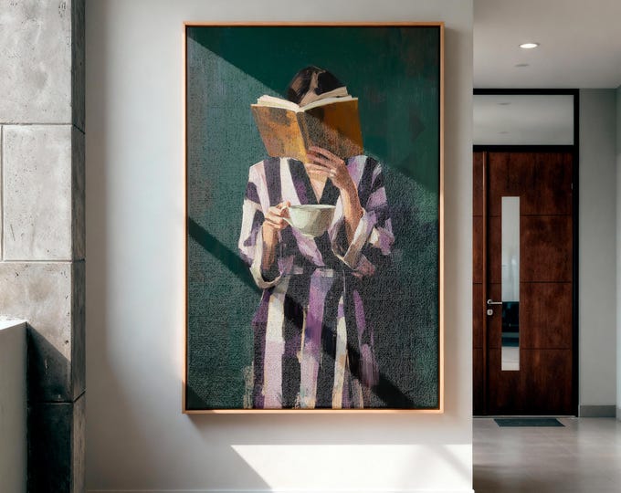 Green Oil Painting Print, Woman Reading Art, Vintage Style Wall Art, Cozy Aesthetic Canvas, Bedroom Decor, Soft Feminine Wall Decor