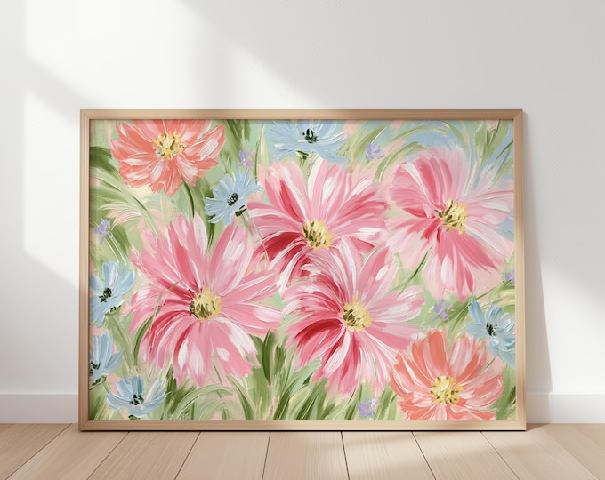 Colorful Floral Wall Art Print, Pink Orange Flower Painting, Wildflower Canvas Art, Botanical Wall Decor, Maximalist Home Decor
