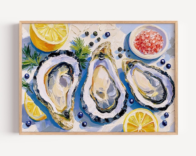 Oyster Wall Art Print, Coastal Kitchen Decor, French Seafood Painting, Lemon & Sea Salt Canvas, Mediterranean Dining Room Wall Art