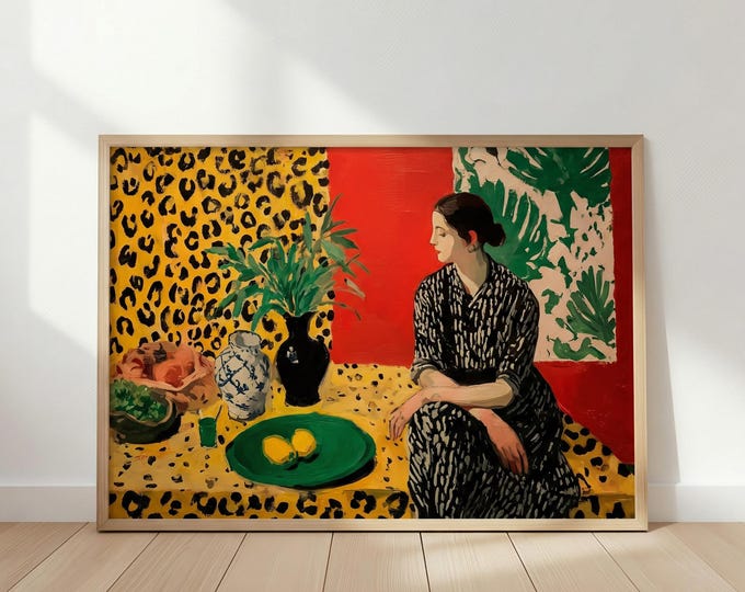 Fauvism Art Print, Woman in Leopard Dress, Maximalist Red Room Decor, Bold Colorful Painting, Boho Eclectic Wall Art, Trendy Illustration
