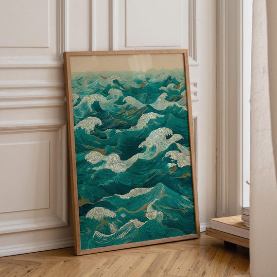 Japanese Woodblock Wave Print, Linocut Ocean Poster, Japandi Wall Art, Vintage Coastal Decor, Teal and Beige Sea Artwork, Nautical Art
