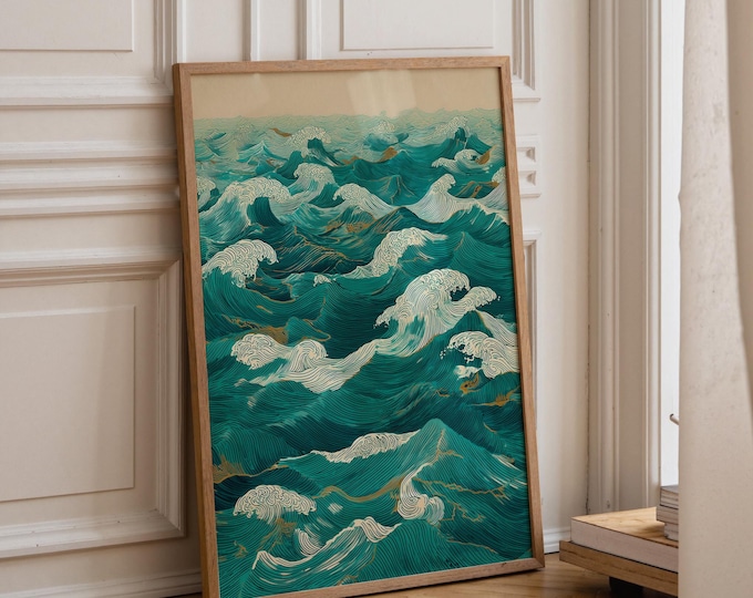 Japanese Woodblock Wave Print, Linocut Ocean Poster, Japandi Wall Art, Vintage Coastal Decor, Teal and Beige Sea Artwork, Nautical Art