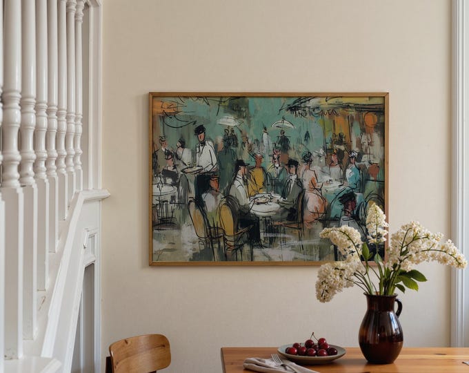 Vintage French Cafe Wall Art, Parisian Bistro Painting, Mid Century Modern Crowd Print, Abstract Outdoor Cafe Poster, Dining Room Decor